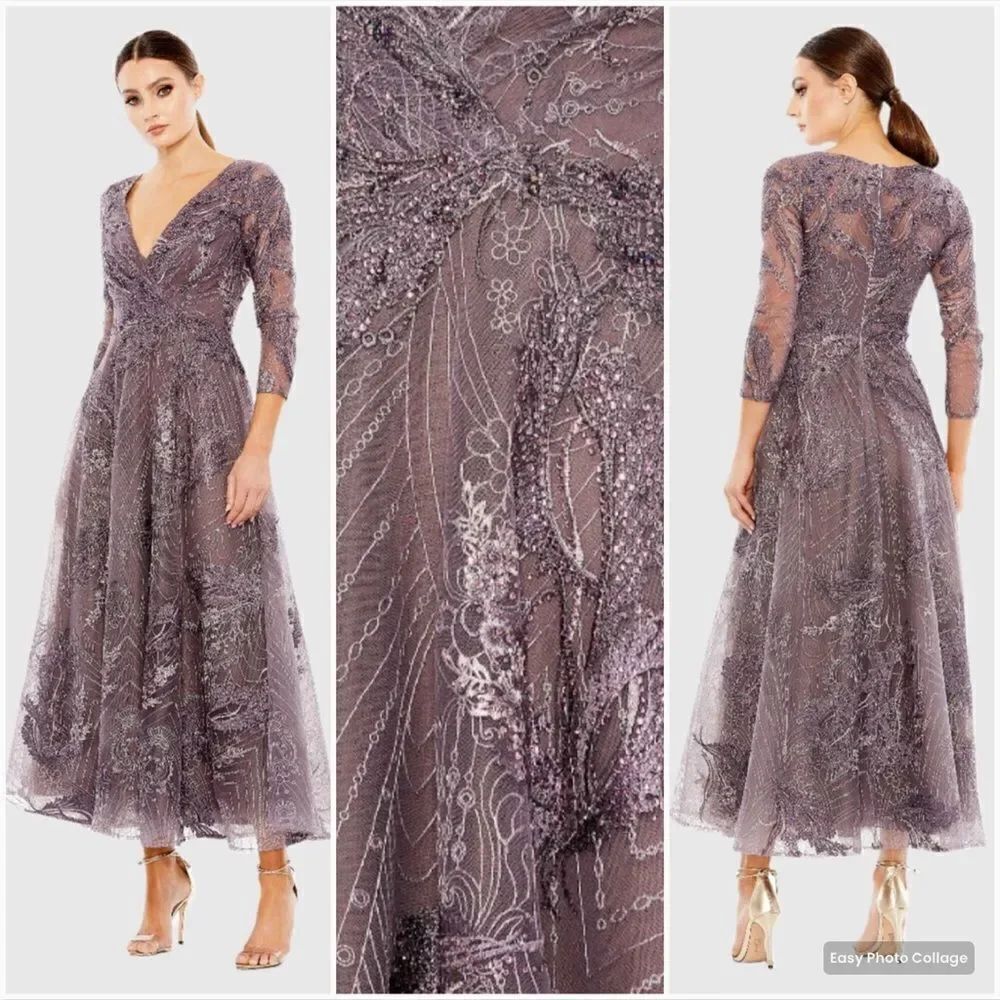MAC DUGGAL 20336 Womens Embellished Wrap Over 3/4 Sleeve Dress